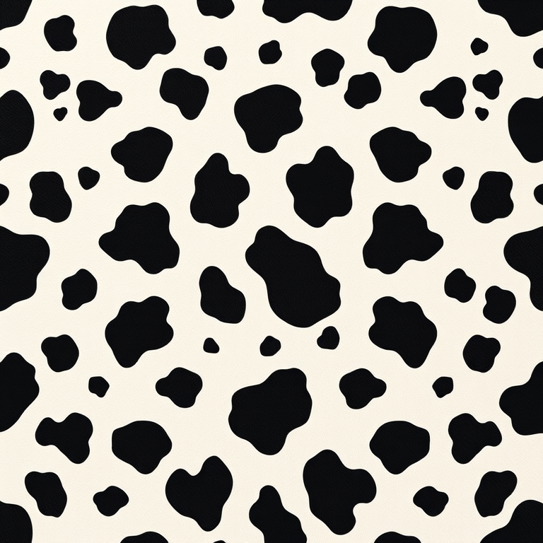 Generate a high-resolution seamless pattern of cow spots on a cream background, using a Canon EOS R5, 50mm lens, f/2.8 aperture, ISO 100, capturing in top-down view for even lighting and clarity.