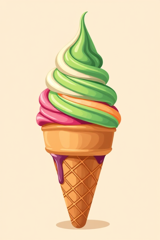 Create a vibrant illustration of a three-flavor ice cream cone topped with a green swirl against a light beige background, use a DSLR camera, f/2.8 aperture, 50mm lens, shoot from a slightly elevated angle, use soft natural lighting to enhance color saturation and detail.