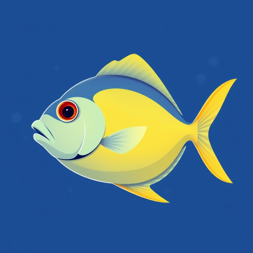 Create a high-resolution digital illustration of a stylized fish with shades of blue and light yellow, using a flat design style, shot with a Canon EOS R5 at f/8, 1/250s, ISO 100, with a soft focus background and vibrant colors to enhance detail.