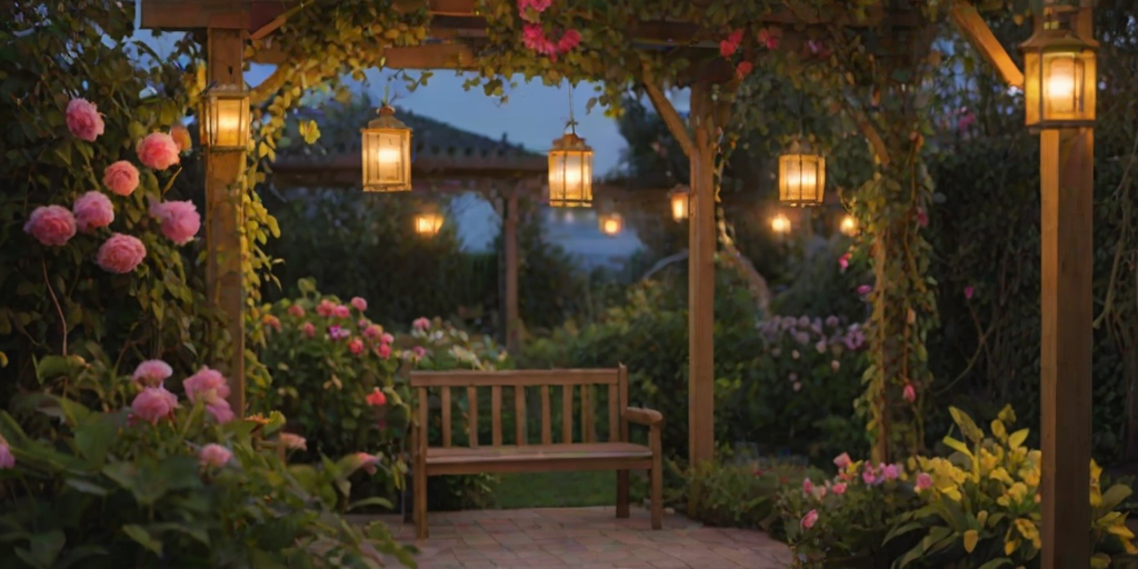 Soft-focus image of a garden at twilight, with soft golden light from hanging lanterns illuminating colorful flowers and a wooden bench under a vine-covered trellis.