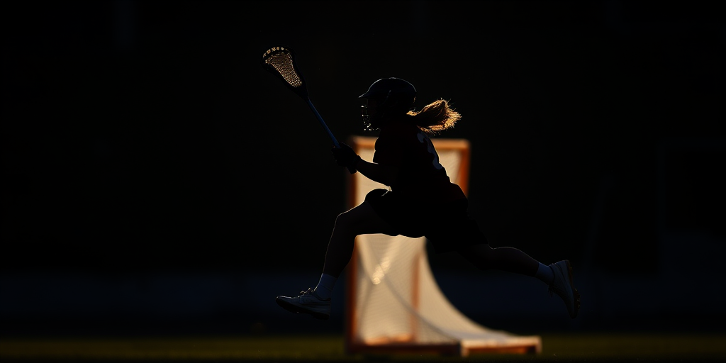 A dynamic silhouette of a lacrosse player in motion, capturing the action of a shot, with a focus on the stick and ball, shot with a DSLR camera at 50mm, f/2.8 aperture, ISO 100, with a shallow depth of field to blur the background for emphasis on the player.