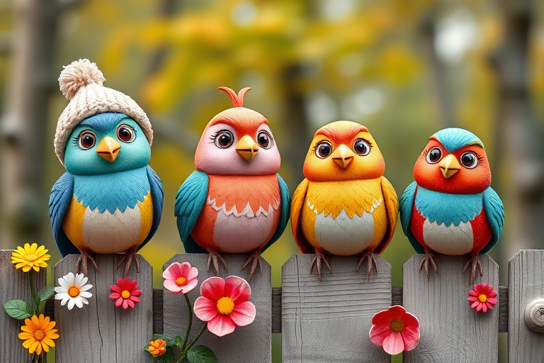 create a scene of 4 quirky  whimsical colourful comical birds each with a funny expression. they are sat on a wooden fence with colourful flowers. they are all different sizes. each one is a different colour  one is wearing a woolly hat. Each one has a different quirky google expression and there is a muted background of trees watercolour paintierly style high definition 8k resolution 3D paper mache