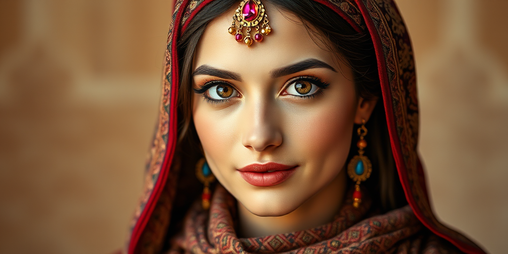 Create a portrait of a beautiful Azerbaijani woman with striking brown eyes and a gentle expression. She is adorned in traditional attire with intricate patterns, including a richly embroidered headscarf and matching garments. Her jewelry includes a delicate headpiece, dangling earrings, and ornate bracelets, all featuring vibrant gemstones and detailed metalwork. The background is soft and warm, enhancing the rich colors of her outfit and jewelry.