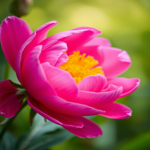Close-up of a vibrant pink peony flower with bright yellow center, soft-focus green background, Canon EOS R5, 50mm f/1.2 lens, aperture f/2.8, shutter speed 1/250s, ISO 100, natural light, macro photography style.