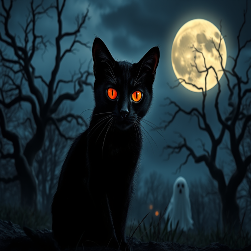 A spooky Halloween landscape featuring a black cat with glowing red eyes, surrounded by twisted, bare trees under a full moon, with ghosts in the background, dusk setting, 50mm lens, f/2.8 aperture, ISO 400, soft focus background, high contrast colors.