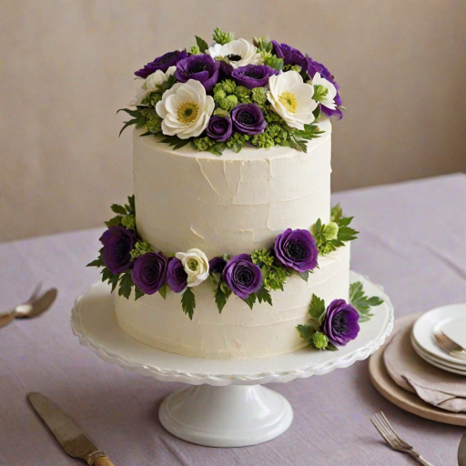 Create a three-tier cake with a smooth white buttercream finish. Decorate the cake with an assortment of purple flowers including roses, anemones, and chrysanthemums. Add green foliage for contrast and texture. Ensure the flowers appear realistic and vibrant, enhancing the elegance of the cake.