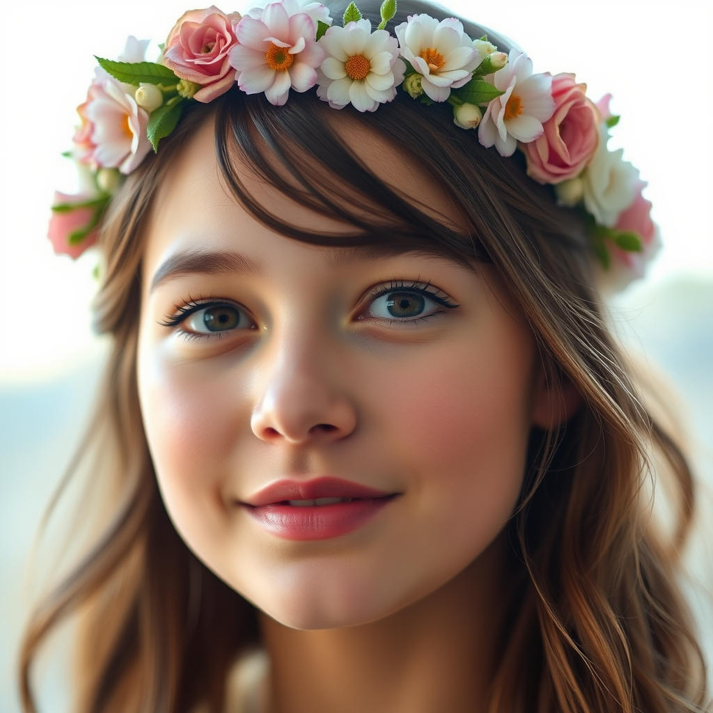 portrait of a young woman with a floral crown, soft lighting, high resolution, 85mm lens, f/1.8 aperture, shallow depth of field, soft focus background, natural light, DSLR camera