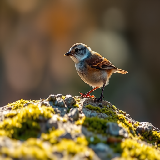 Capture a close-up of a small bird perched on a mossy stone, with soft natural sunlight illuminating the scene, ISO 200, f/2.8 aperture, 50mm lens, shallow depth of field, using a DSLR camera for high image quality.