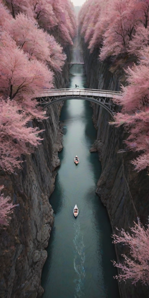 natural lighting, bridge focus, CandiBRIDGE, no humans, mountain, water, boat, bridge, pink trees, from above, negative space, scenery, intricately detailed illustration, depth of field, atmospheric perspective, pink theme, monochrome