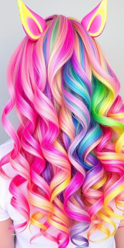 Vibrant rainbow unicorn hair melts from pastel pink roots through yellow, green, blue, and purple ends, styled in voluminous curls for a magical look