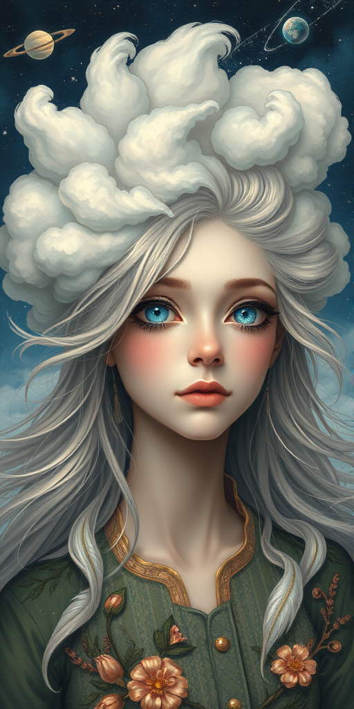 Create a series of imaginative portraits where each subject is infused with elements of fantasy and nature. The hair of the individuals should flow like clouds, varying from soft, fluffy cumulus to wispy cirrus strands, with hints of color reflecting a sunset or a clear blue sky. The eyes should be windows to entire galaxies, with stars, nebulae, and distant planets visible within them. Clothing should be adorned with nature motifs, such as floral patterns that bloom and change, vines that seem to grow and wrap around, or feathers that shimmer with iridescence. Each portrait should capture a unique personality, blending human features with the ethereal beauty of the natural and cosmic world. The backgrounds can vary, from starry night skies to enchanted forests, adding depth and context to the magical realism of the portraits