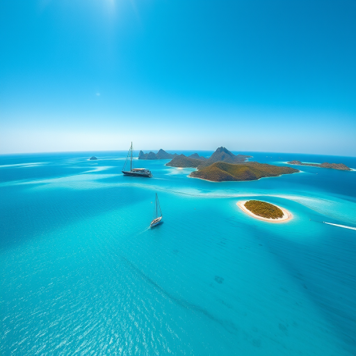 regenerate the image of a stunning turquoise sea with sailboats and mountainous islands under a clear blue sky using a drone camera view, with a resolution of 4K, aperture f/8, ISO 100, and shutter speed 1/250s to enhance image quality