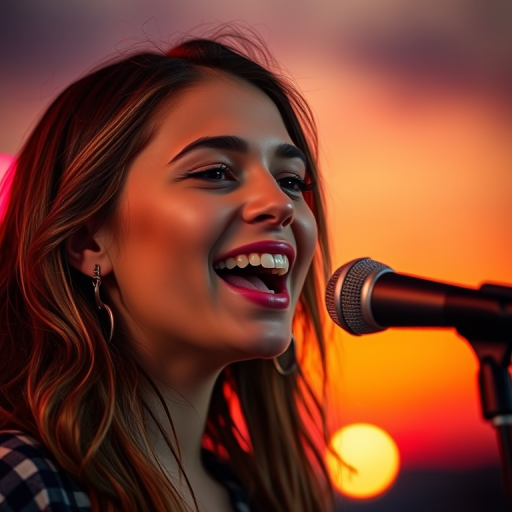 Portrait of a young woman singing passionately into a microphone, vibrant sunset background, soft bokeh effect, 50mm lens, aperture f/1.8, ISO 100, natural light, DSLR camera.