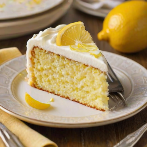 Generate an image of a slice of lemon cake on a decorative plate. The cake should have a light, fluffy texture with a creamy frosting on top, and a lemon filling oozing from the center. Include a lemon slice beside the cake and a golden fork resting on the plate. The background should be soft and neutral to highlight the cake.