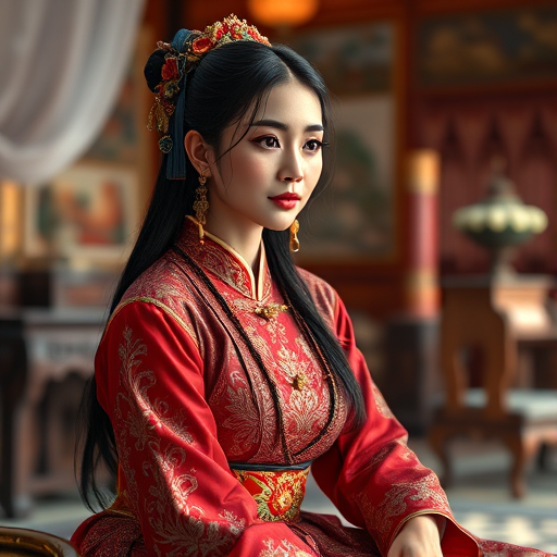 A beautiful Turkish woman in traditional East Asian attire, intricately detailed with embroidered patterns, sitting gracefully in a richly decorated room, soft ambient lighting, serene and elegant, ultra-realistic, 8K resolution