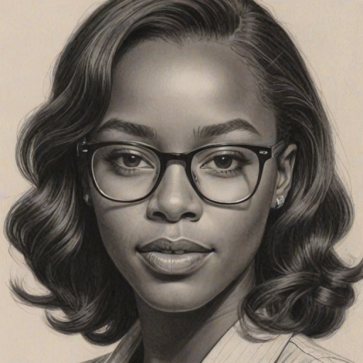 Attractive Aja Naomi King, pencil sketch, portrait of Fetching woman 1945s in glasses, hair style beatnik, outline, clear lines, fine lines, 8k