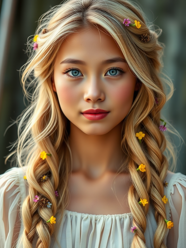 Create an image of a young Thai woman with long, wavy blonde hair, adorned with small, colorful flowers woven into her braids and loose strands. Her complexion is fair, with soft, glowing skin, and she has light blue eyes that gaze softly at the viewer. She wears a light, flowing dress with a gentle, ethereal quality, complementing her delicate and serene appearance. The background is slightly blurred, drawing focus to her tranquil expression and the intricate details of the flowers in her hair. The overall mood of the image is one of natural beauty and grace, evoking a sense of peacefulness and connection with nature.