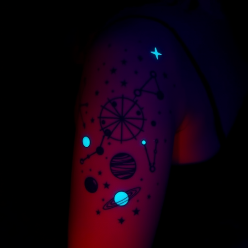 Glow-in-the-dark tattoo known as "Celestial Secrets" showcasing constellations, planets, and cosmic elements that become visible under UV light, ideal for adding an element of surprise