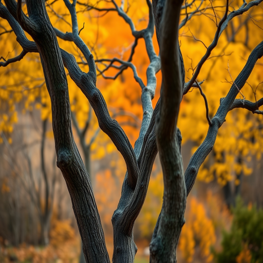 Capture a scenic view of twisted trees in front of a vibrant yellow and orange autumn backdrop, using a Canon EOS R5 with a 50mm f/1.2 lens at f/2.8, ISO 200, 1/250 sec, focused on the foreground trees while creating a soft bokeh effect on the colorful foliage.