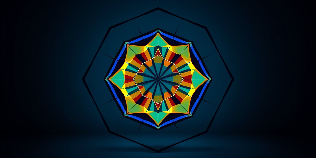 Generate a high-resolution image of an abstract geometric design with sharp lines and vibrant colors, using a Canon EOS R with an aperture of f/2.8, ISO 100, shutter speed 1/125 sec, in a studio setting with a frontal view and soft diffused lighting.