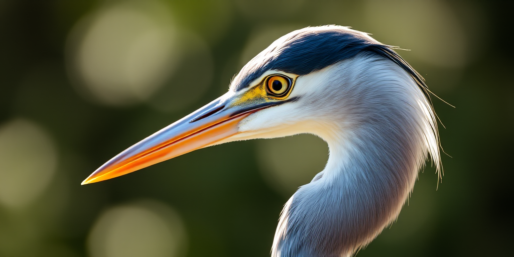 heron portrait, shallow depth of field, 85mm lens, aperture f/1.8, ISO 200, natural light, focus on eye detail, soft bokeh background, DSLR camera, side profile view