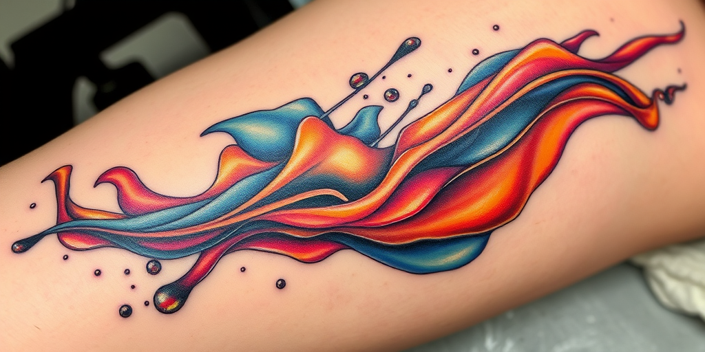 Contemporary abstract tattoo titled "Fluid Dynamics" featuring flowing organic shapes and color gradients reminiscent of liquid paint in motion with metallic ink accents