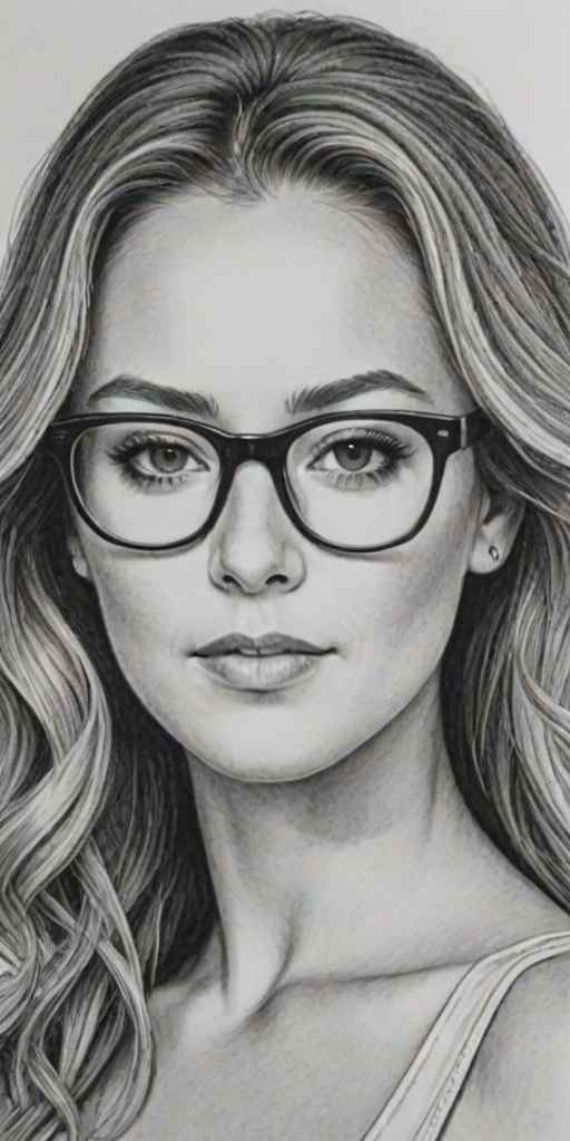 Radiant Alexa Vega, pencil sketch, portrait of Superb woman 1972s in glasses, hair style beatnik, outline, clear lines, fine lines, 8k