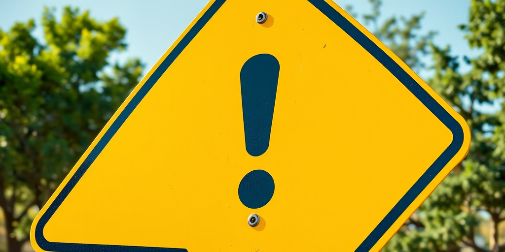 Create an image of a large yellow warning sign featuring an exclamation mark in the center, captured with a Canon EOS R5, 50mm lens, aperture f/2.8, ISO 100, in a bright outdoor setting, with a focus on sharp details and vibrant colors.