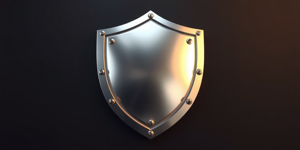 Create a detailed 3D render of a silver shield, high resolution, using a DSLR camera with a 50mm lens, f/2.8 aperture, ISO 100, in a studio setting with softbox lighting to enhance reflections and highlights.