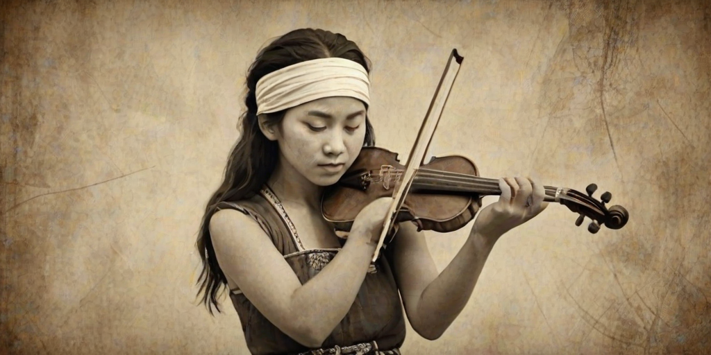 a young Ainu woman with a white headband playing a violin, in the style of a charcoal drawing, sepia grunge background