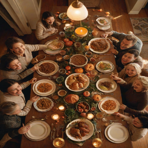 Warmly lit photo of a family gathered around a dining table for Thanksgiving, soft golden light from overhead lamps casting a warm glow, with plates of food and laughter filling the scene.