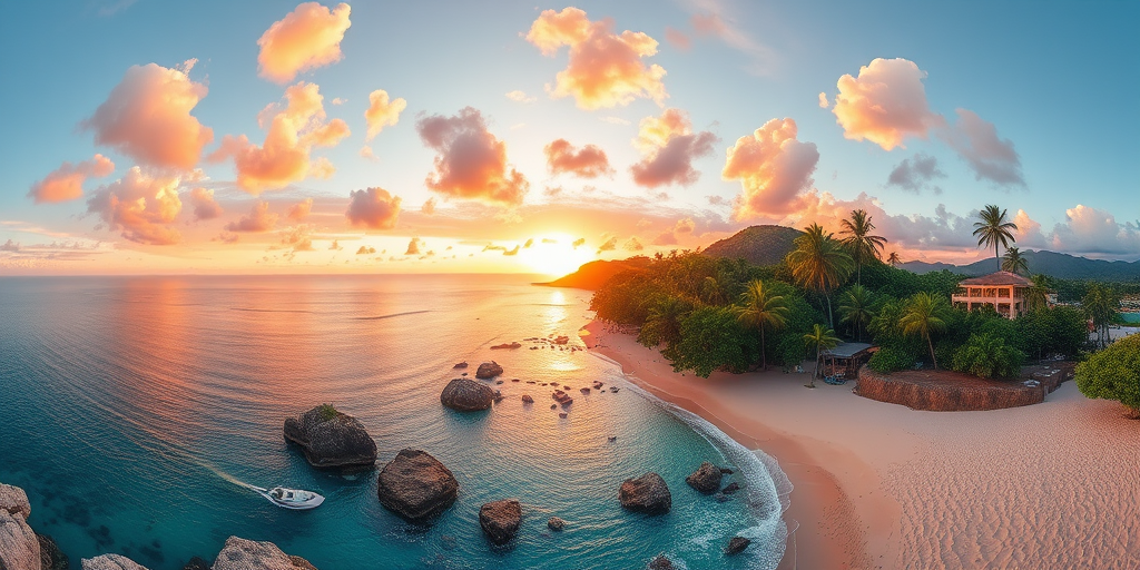 Create a vibrant montage of tropical landscapes and beach scenes during sunset with warm colors, using a DSLR camera, 50mm lens, f/1.8 aperture, 1/200 sec shutter speed, ISO 100, captured in a panoramic view with high dynamic range.