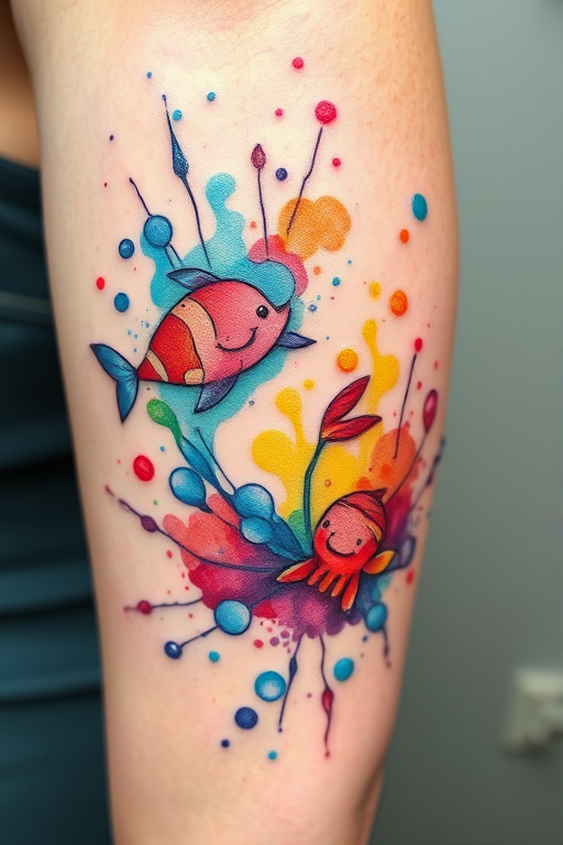 Whimsical watercolor splash tattoo depicting playful marine life emerging from colorful paint splatters, fluid and organic shapes blending seamlessly, vibrant hues creating a joyful and energetic atmosphere