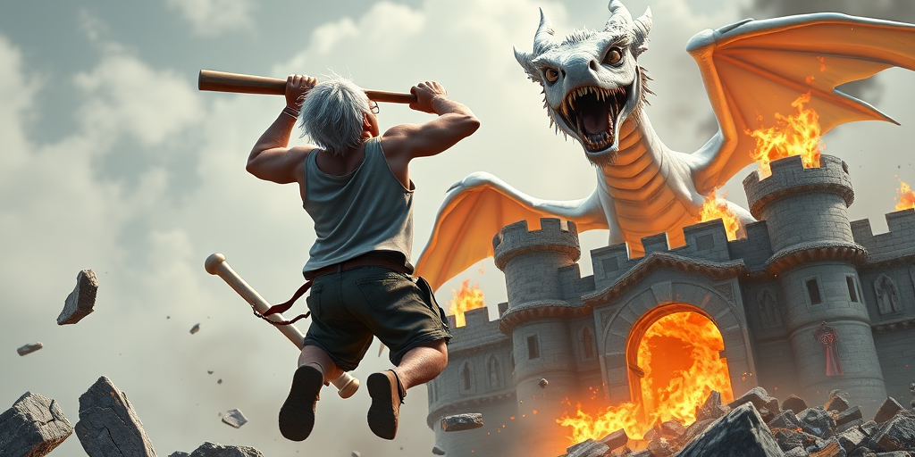 Cartoon 3D High-Resolution,dynamic battle scene using Unreal Engine 5 and Octane Render. The scene features back of an elderly, thai man with a beard,messy hair and round golden-rimmed glasses. He is wearing a tattered tank top with soot marks, shorts, and sandals. sweating. he wields a baseball bat. He jump to fight with a white fire-breathing Europe dragon amidst a partially destroyed stone castle. Include intense flames, smoke, and debris to enhance the dramatic effect.