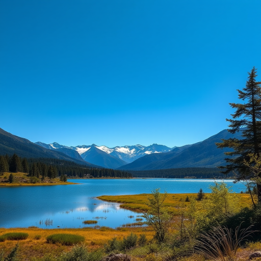 Generate a high-resolution image of a serene landscape with mountains in the background, a clear blue sky, and a tranquil lake in the foreground, using a Canon EOS R5 with a 24-70mm f/2.8 lens, aperture set to f/8, ISO 100, shutter speed 1/200s, taken from a wide-angle view to capture the expansive scenery.