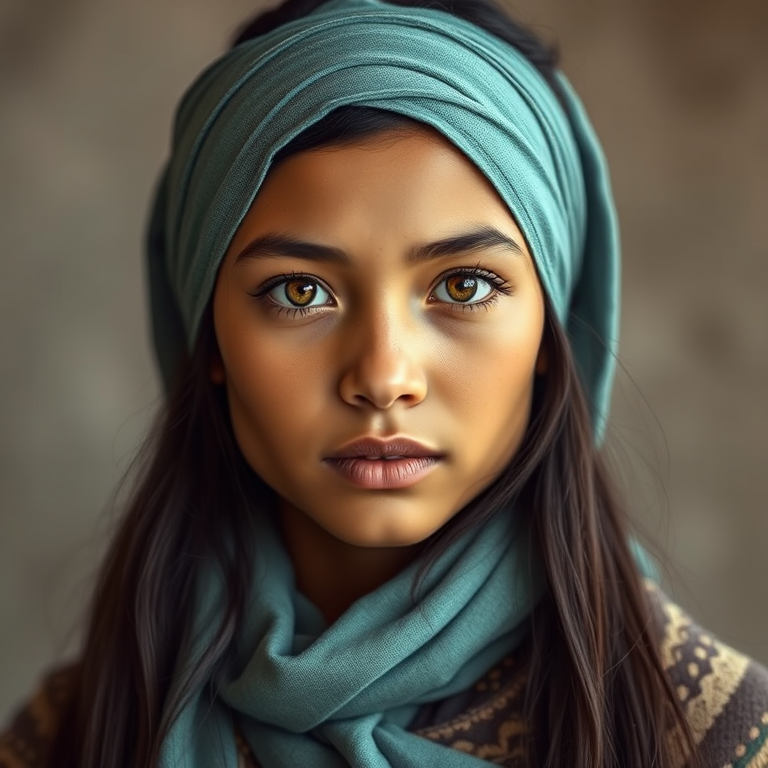 Create a portrait of a young Inca female with long, dark hair and captivating hazel eyes. She is wearing a cyan headscarf and a matching scarf draped gracefully around her neck. The background is softly blurred, focusing attention on her serene and natural expression. The overall color palette is muted and warm, enhancing the intimate and authentic feel of the portrait.