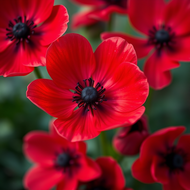 vibrant red anemone flowers with dark centers, close-up view, macro photography, aperture f/2.8, shutter speed 1/125s, ISO 100, soft lighting, shallow depth of field, DSLR camera