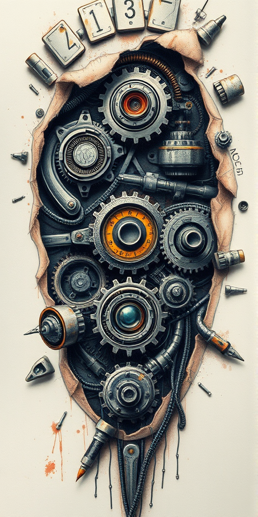 Striking biomechanical tattoo called "Cybernetic Fusion" blending organic forms with mechanical elements. Hyperrealistic rendering of torn skin reveals intricate gears, wires, and metallic structures beneath. A color scheme of cool greys and blues with touches of rust and corrosion creates a futuristic yet weathered aesthetic.