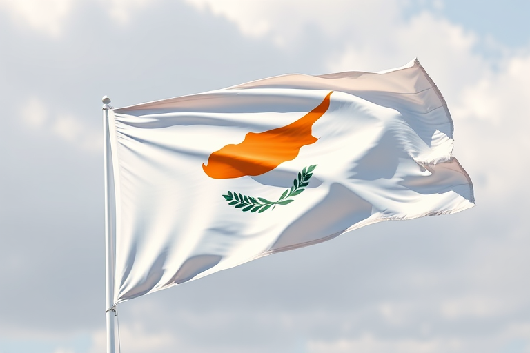 Create a high-resolution digital illustration of the flag of Cyprus waving in the wind, captured with a DSLR camera set to f/8, ISO 100, 1/250s, with a panoramic view and a soft focus background to enhance the details of the flag and the colors of the design.