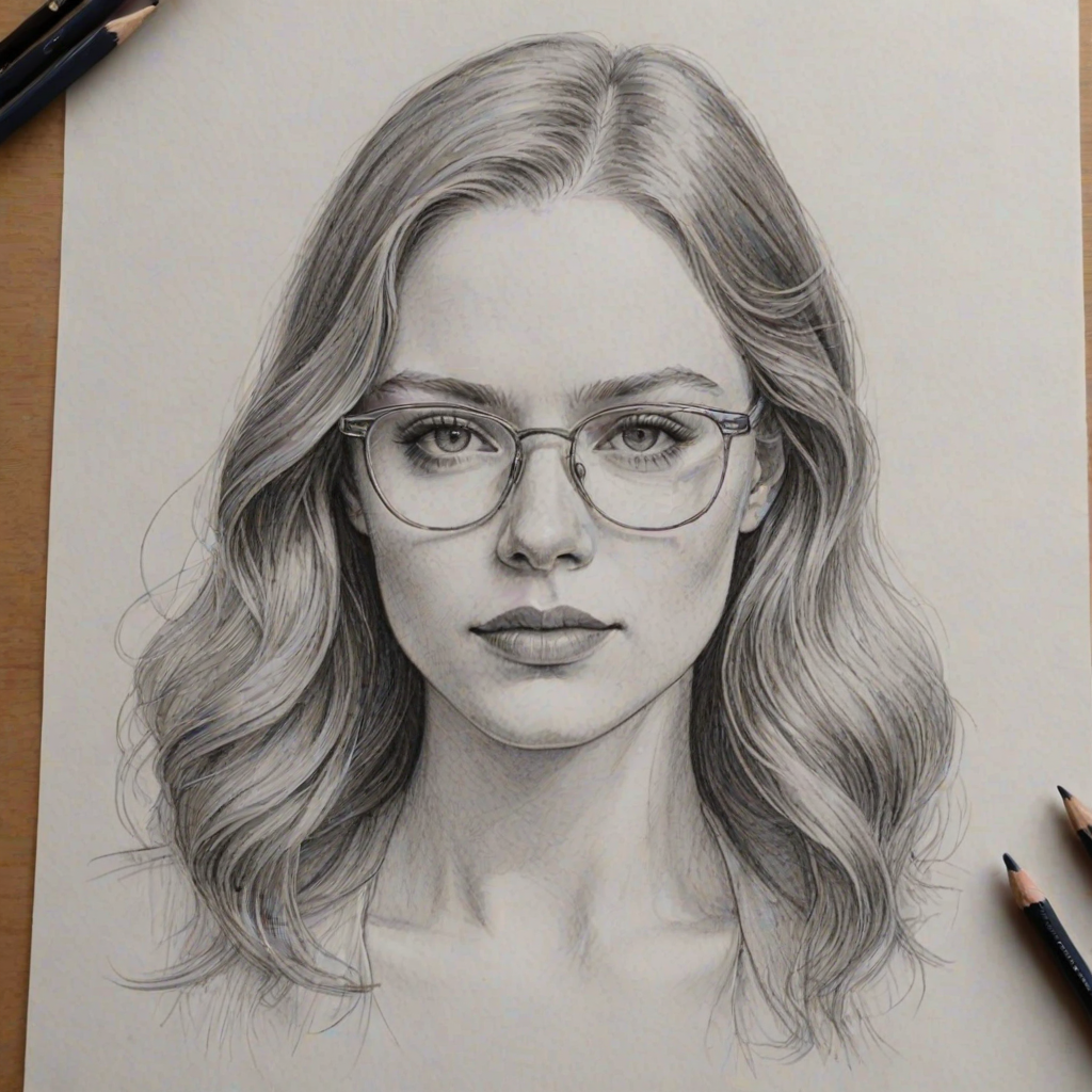Sublime Freya Ridings, pencil sketch, portrait of Stunning woman 1922s in glasses, hair style beatnik, outline, clear lines, fine lines, 8k