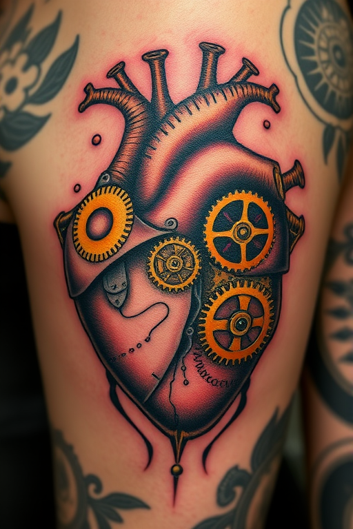 Steampunk tattoo titled "Clockwork Heart" showcasing an intricate mechanical heart with gears, cogs, and brass components, blending Victorian-era aesthetics with futuristic elements in a unique and imaginative design
