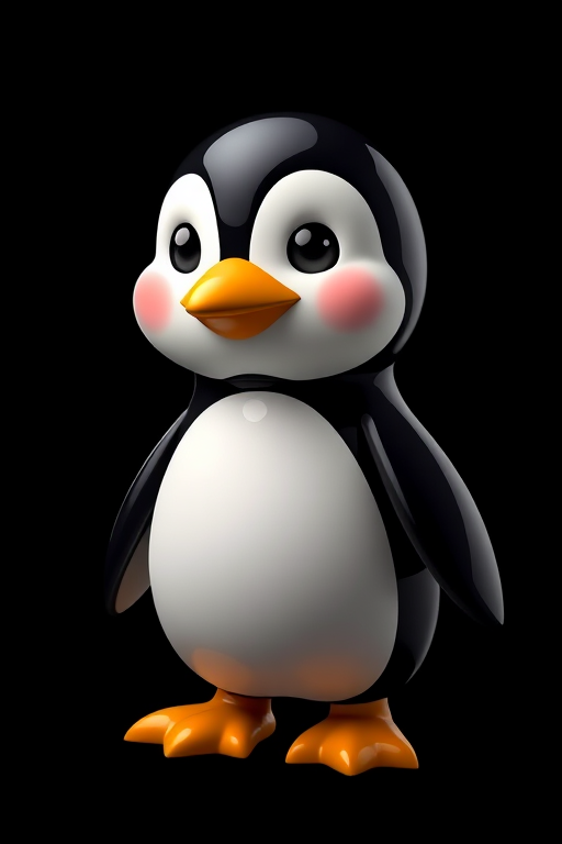 Create a high-resolution cartoon penguin character with a glossy finish, captured in sharp detail using a DSLR camera with a 50mm lens, f/1.8 aperture, ISO 100, and a softbox lighting setup for even illumination, centered in the frame against a black background.
