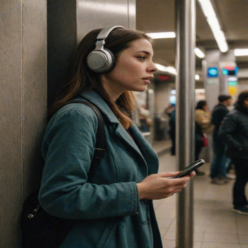 Bustling metro station during rush hour, a woman leans against a pillar, headphones in her ears, her face illuminated by the soft glow of her phone screen.