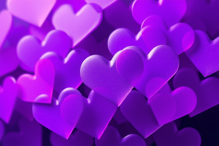 Create a vibrant digital illustration of overlapping purple hearts in various shades, using a high-resolution setting with a 50mm lens, f/1.8 aperture for shallow depth of field, soft focus background, and a macro photography style to enhance texture and detail.