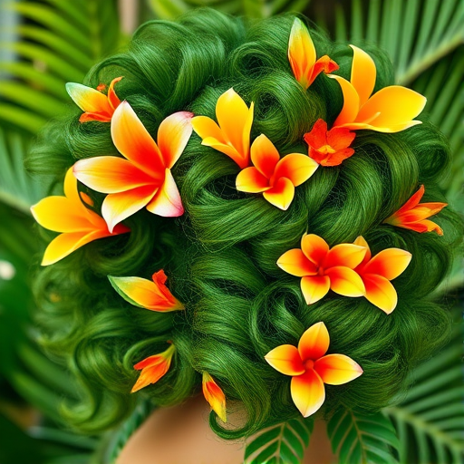 Tropical paradise blend of vibrant greens, yellows, and oranges, styled in voluminous curls adorned with exotic flowers, evoking lush island landscapes