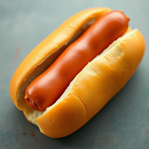 Create a high-resolution image of a cartoon hot dog with a glossy bun and smooth sausage, using a Canon EOS R with 50mm f/1.8 lens, f-stop at 2.8, ISO 100, 1/200 sec shutter speed, top-down view, vibrant colors, and a slightly blurred background for focus enhancement.