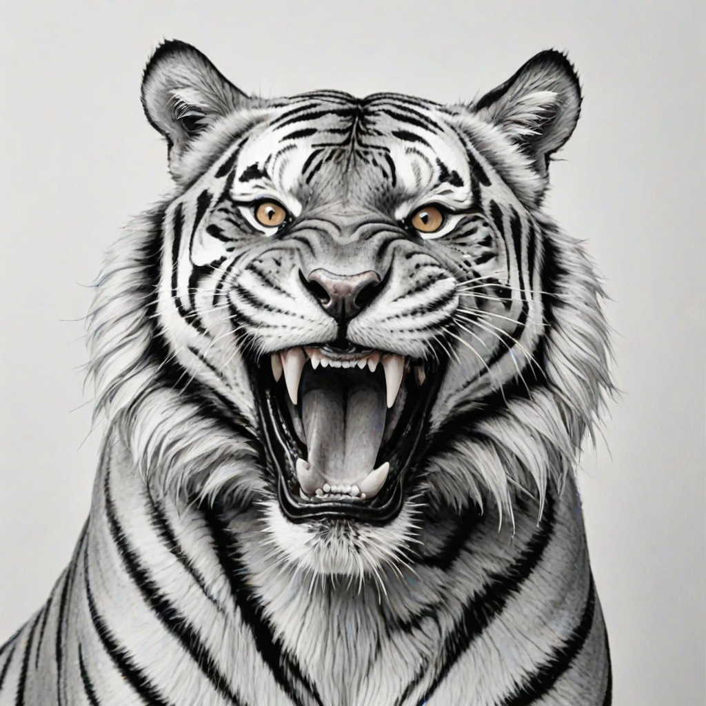 Abstract black and white acrylic portrait of an over exaggerated laughing (tiger). Minimalism style. White background.