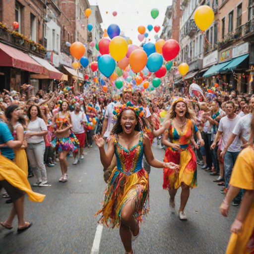 Blurry action shot of a lively street parade, with performers in colorful costumes, balloons floating in the air, and a cheering crowd softly blurred in excitement.