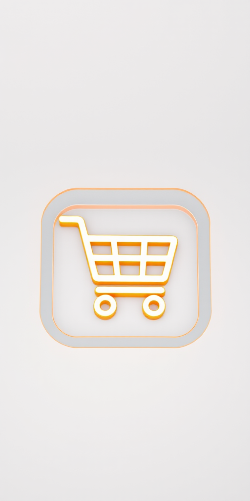 Create a high-resolution image of an orange shopping cart icon on a transparent background using a 50mm lens at f/2.8, with a slight top-down view, capturing vibrant colors and sharp edges with a DSLR camera.