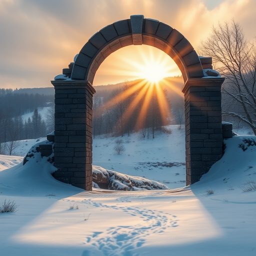 Create an ethereal landscape showing a grand stone archway in a snowy setting at sunrise with beams of light shining through the opening, using a DSLR camera, aperture f/8, ISO 200, shutter speed 1/60s, wide-angle lens at 24mm, capturing a mystical atmosphere with soft focus on the foreground.